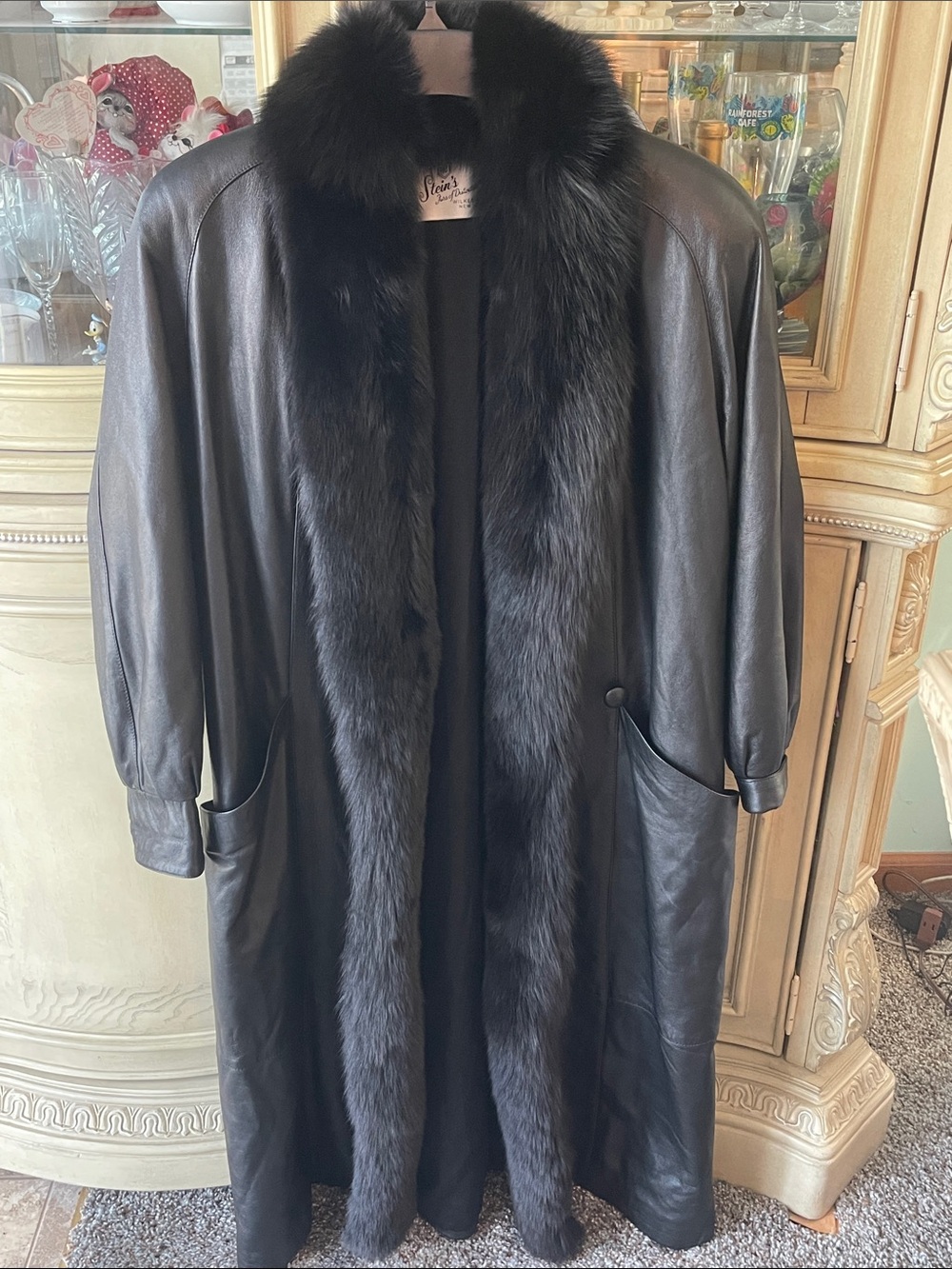 Vintage Womens Fox Fur Full Length Black Leather Coat